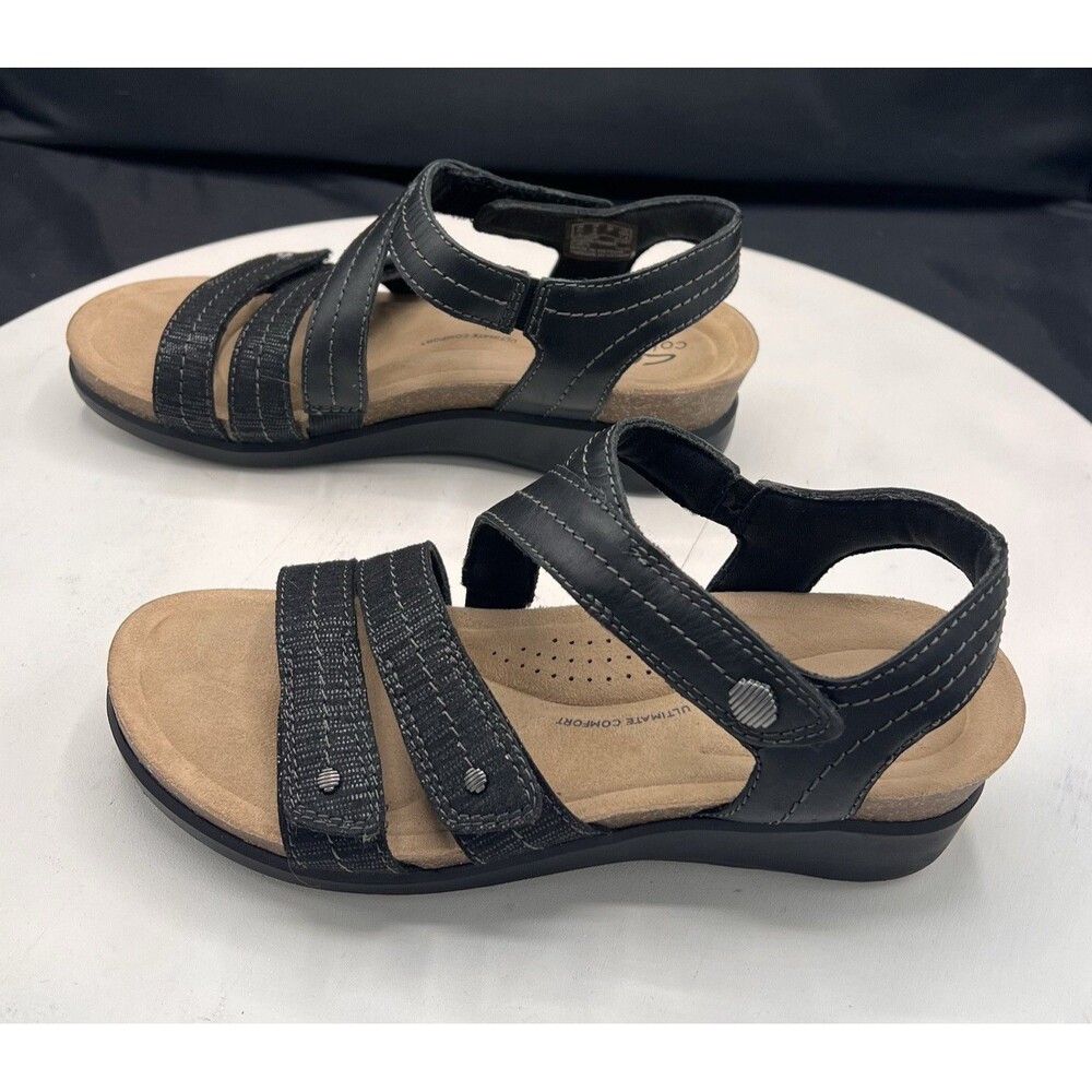Clarks Calenne Clara Sandals Womens 6 M Black Leather Ultimate Comfort Wedge EUC